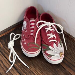 New Vans Custom Handpainted Red Floral Sneakers slip on or tie